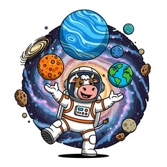 Cute Astronaut Cow Juggling Planets in Outer Space Galaxy Cartoon Illustration © bima
