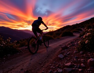 Obraz premium Rider Cruising Sunset Trail with Vibrant Sky