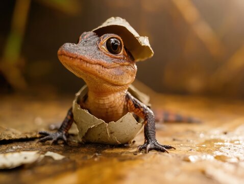 Cute baby alligator hatching from eggshell
