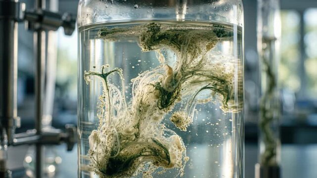 Microbial green chemistry algae swirl laboratory glass vessel showing swirling pigment and suspended particles creating dynamic organic patterns