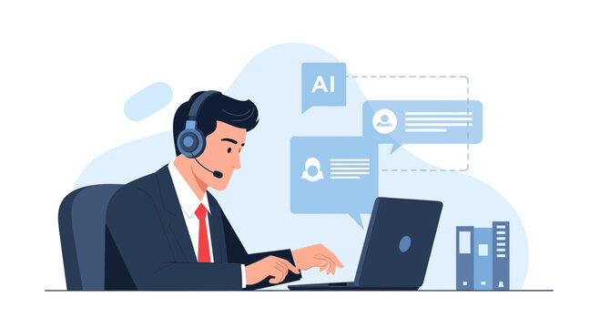 AI chatbot customer service man with headset, laptop, and chat bubbles