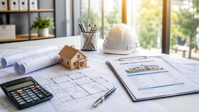 Architectural Plans with House Model and Home Cost Estimate on Desk