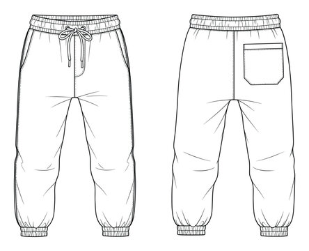 Front and back technical flat sketch of comfortable jogger sweatpants for apparel fashion design