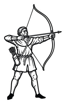 Medieval archer in historical costume aiming a longbow with an arrow from a quiver
