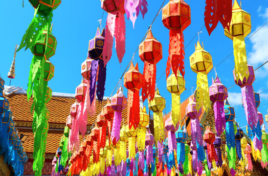 Beautiful traditional oriental colourful lantern decoration. Chinese new year festival from many colorful paper lanterns, Bangkok, Thailand. Topic of vacation, travel, trip, cruises, tour