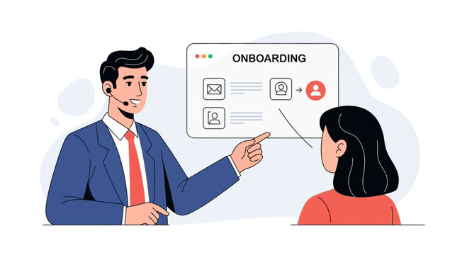 Employee onboarding process illustration with business coach and new hire