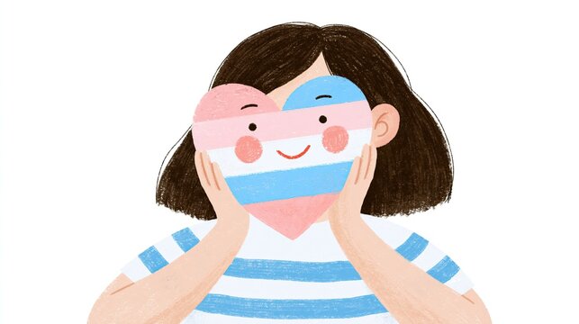 Person holding smiling heart with transgender pride flag colors: self love, gender identity, acceptance and LGBTQIA+ community support