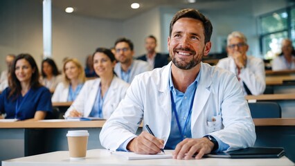 Fototapeta premium Group of Medical Professionals Attending Lecture in Modern Classroom