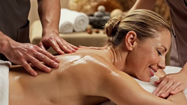 Woman receiving relaxing massage therapy on back from skilled therapist