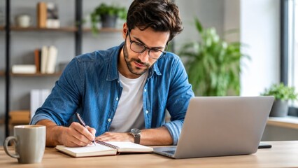 Fototapeta premium Young Man Studying and Writing Notes While Working on Laptop