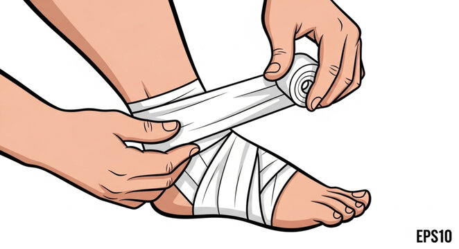 Person applying medical bandage to injured ankle for support and healing.