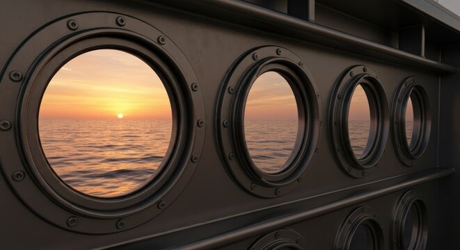 Sunset Through Portholes - A Serene Ocean View from a Ship.