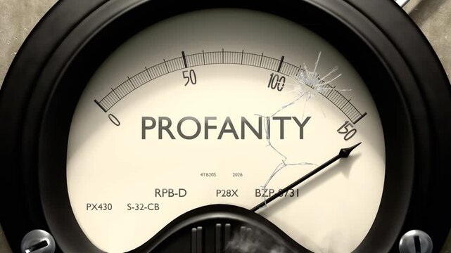 Profanity meter showing big levels of profanity. Dangerously increasing high values of profanity, critical overload. Too much, off the charts. Max profanity