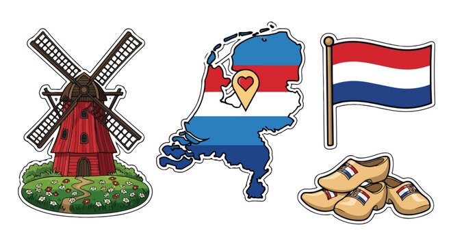 Netherlands Travel Sticker Set with Red Windmill, Dutch Map Flag, National Flag, and Traditional Wooden Clogs on White