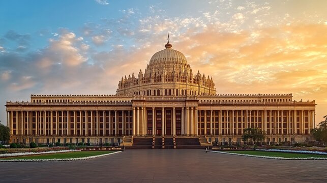 Stunning View of the Indian Parliament House at Sunset, Showcasing Its Grand Architecture and Beauty