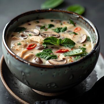 Thai coconut soup tom kha gai chicken creamy broth lemongrass mushroom authentic Thai cuisine soft lighting minimal aesthetic plating high detail food image
