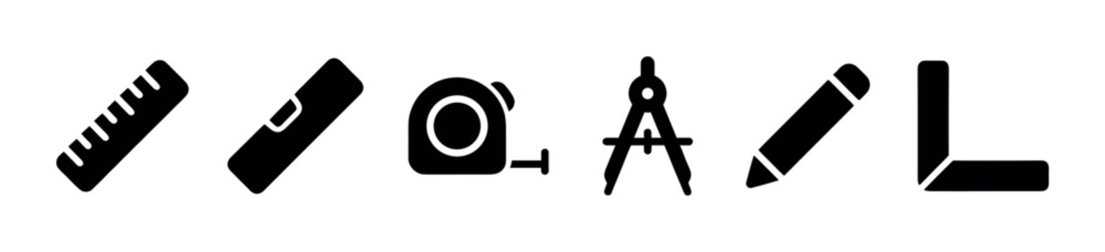 A set of simple black icons representing various measuring and drawing tools including a ruler, level, tape measure, compass, pencil, and square on a white background.