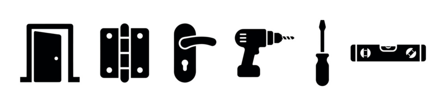 A clean black and white graphic illustration features a collection of icons for door installation and repair, including a door, hinges, handle, drill, screwdriver, and level.