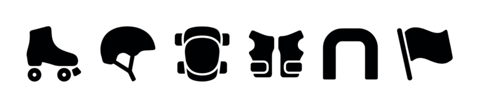 A set of black silhouette icons representing rollerblading safety equipment including a boot, helmet, pads, and a flag on a white background.