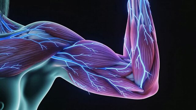 A muscular arm flexes showing detailed muscles and veins on skin