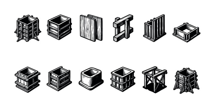 A collection of black and white isometric illustrations of various concrete formwork systems and wooden planks, ideal for construction and engineering concepts.