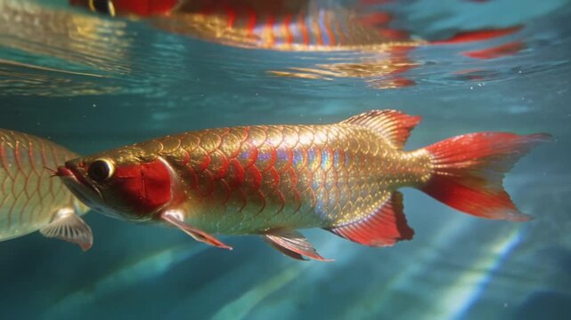 Asian Arowana fish underwater swimm with sunlight turquose water