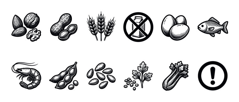 A collection of black and white icons representing common food allergens, including nuts, peanuts, wheat, dairy, eggs, fish, shellfish, soy, and more, with warning symbols.