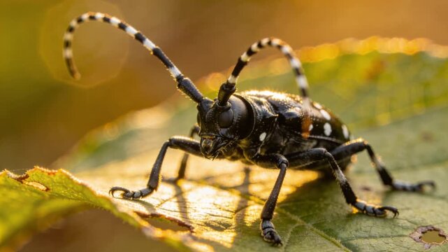 Asian Longhorn Beetle close up on a leaf golden hour