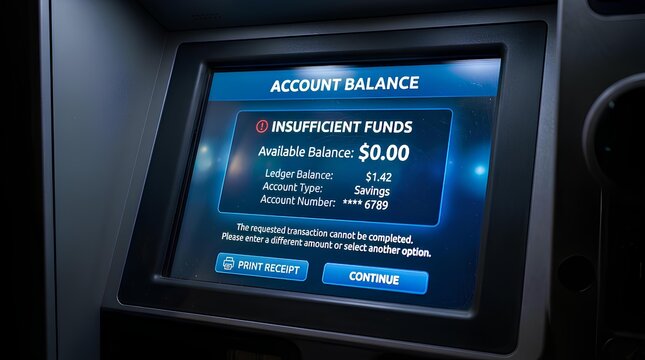 ATM screen shows insufficient funds error with zero dollar balance.