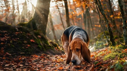 Fototapeta premium Basset Hound Exploring a Autumn Forest