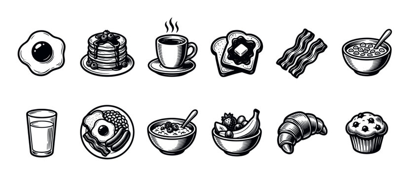 A collection of classic breakfast food illustrations including eggs, pancakes, coffee, bacon, toast, cereal, fruit, croissant, and muffin, presented in a vintage black and white style.