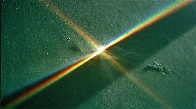 Abstract photograph of light diffraction on rough greenish textured background, rainbow‑hued light beams mainly white, yellow and red with blue undertones forming an X‑shape around a central bright sp