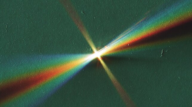 Abstract photograph of light diffraction on rough greenish textured background, rainbow‑hued light beams mainly white, yellow and red with blue undertones forming an X‑shape around a central bright sp