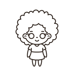 Fototapeta premium Cute chibi grandmother with big curly afro hair and round glasses line art vector illustration coloring page