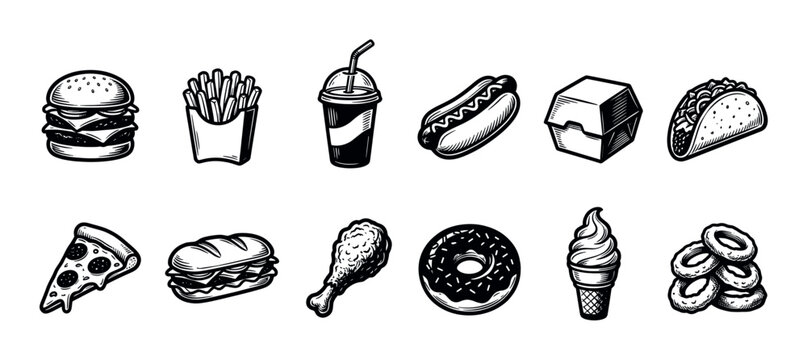 A collection of black and white vector icons representing various fast food items, perfect for design projects and menus.