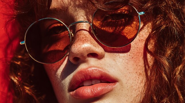 A woman with curly hair and round sunglasses poses in sunlight with a soft expression