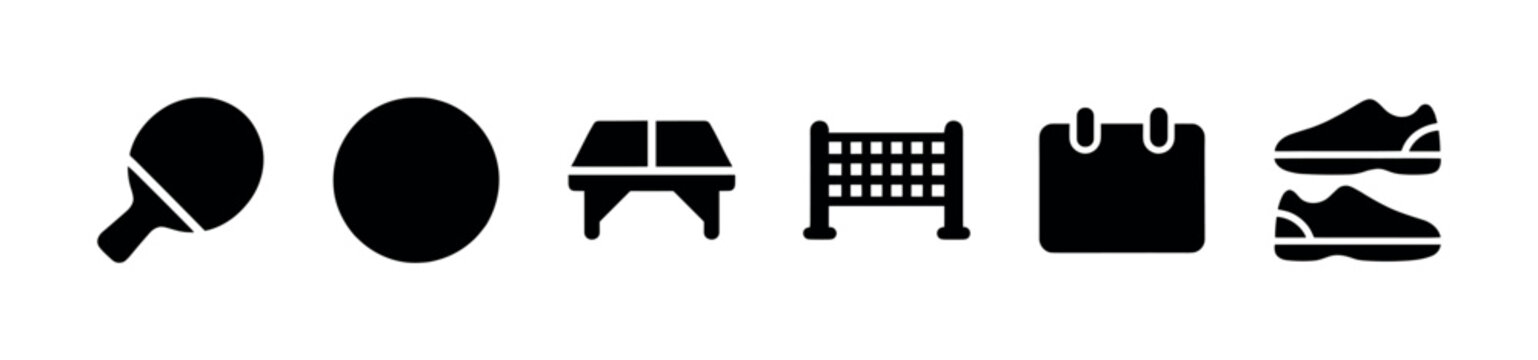 A collection of black silhouette icons representing sports and fitness activities, including a ping pong paddle, ball, weights, net, calendar, and shoes on a white background.