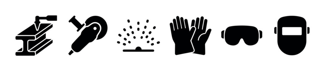 Obraz premium A collection of black vector icons representing industrial tools and personal protective equipment for welding, including an I-beam, grinder, sparks, gloves, goggles, and helmet.