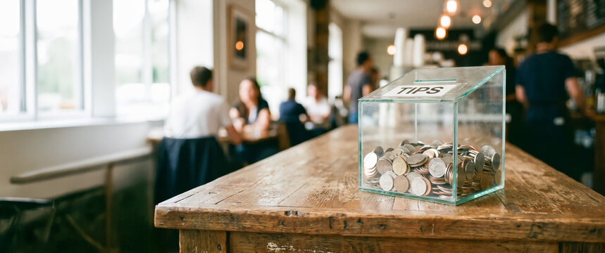 Glass tip box with coins inside on wooden desk with blurred background.