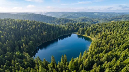 Fototapeta premium Aerial shot of a secluded glacial lake nestled within a dense coniferous forest, with rolling forested hills stretching to the hazy horizon under a bright blue sky.