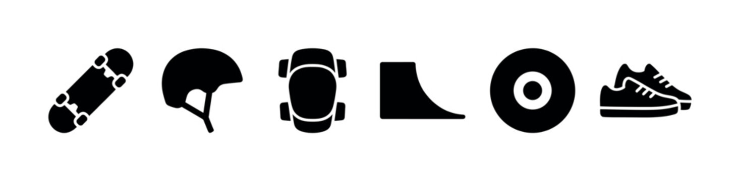 Collection of black silhouette icons representing skateboard equipment including a skateboard, helmet, pads, ramp, wheel, and shoes against a white background.