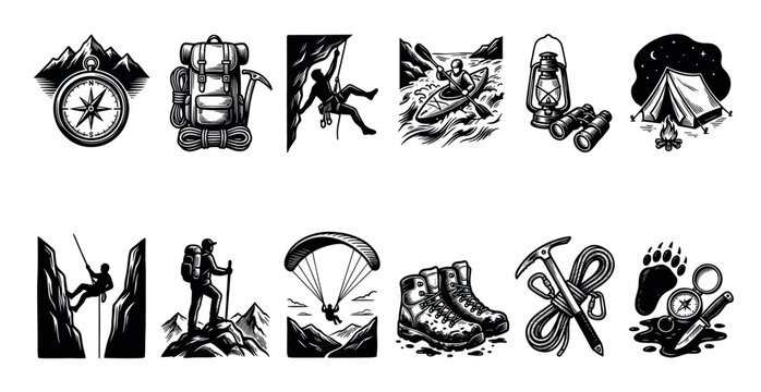 A collection of black and white woodcut style icons depicting various outdoor adventure activities and equipment including mountains, compass, backpack, climbing, kayaking, camping, and hiking.