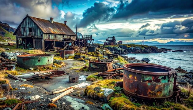 Abandoned whaling station with rusted machinery and cauldrons by rocky shore at dusk