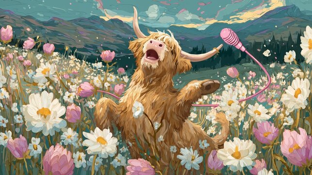 Cute Cartoon Highland Cow Singing and Dancing Among Flowers and Unicorns