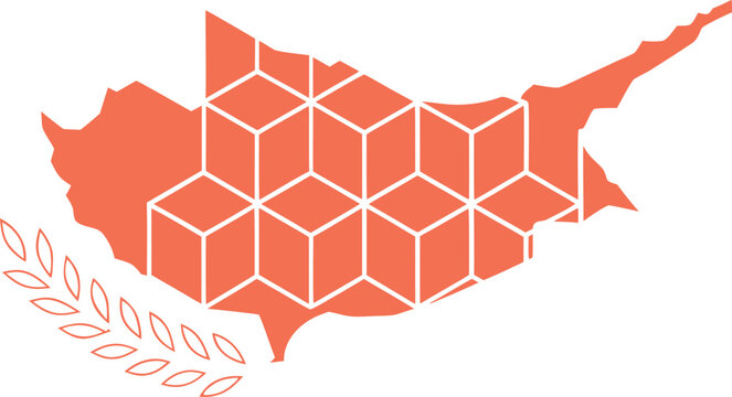 Geometric cyprus map outline with red cuboid pattern and laurel wreath
