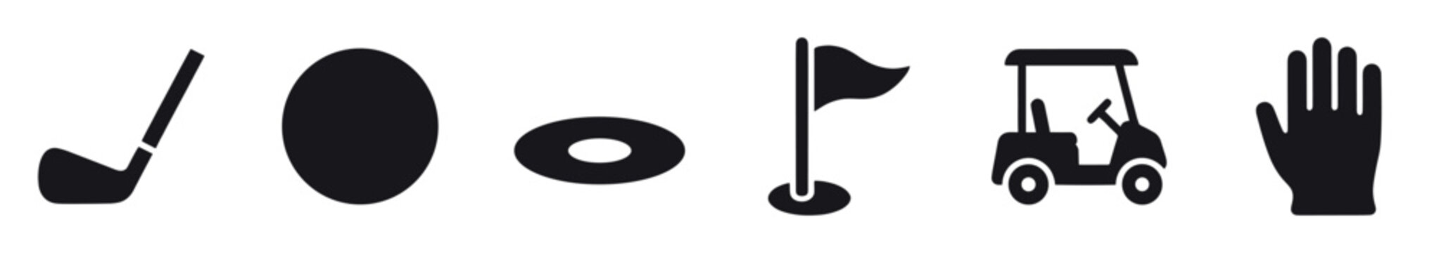Collection of black silhouette icons representing various golf elements including a club, ball, tee, flag, cart, and glove on a white background.
