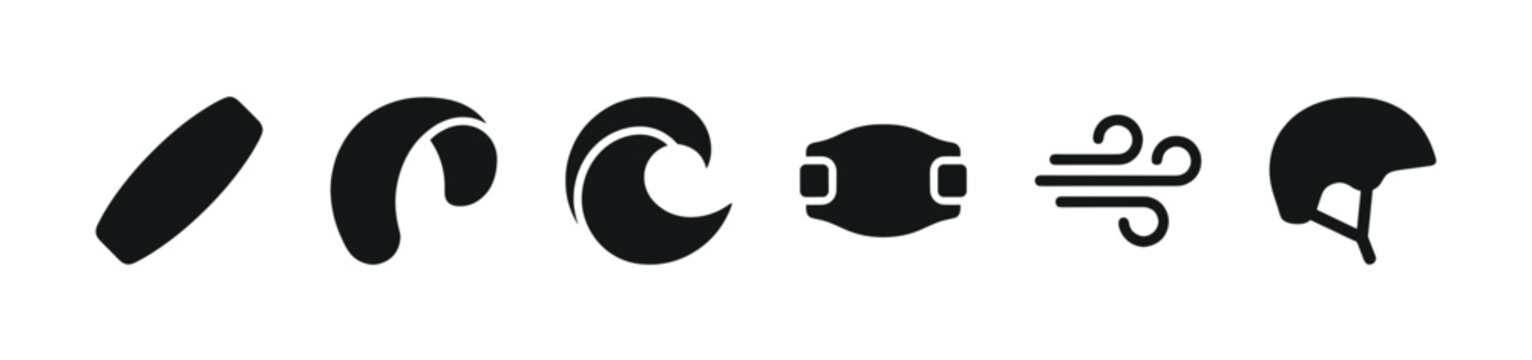 A collection of black silhouette icons representing various sports equipment and elements including a surfboard, kite, wave, protective gear, wind, and helmet against a white background.