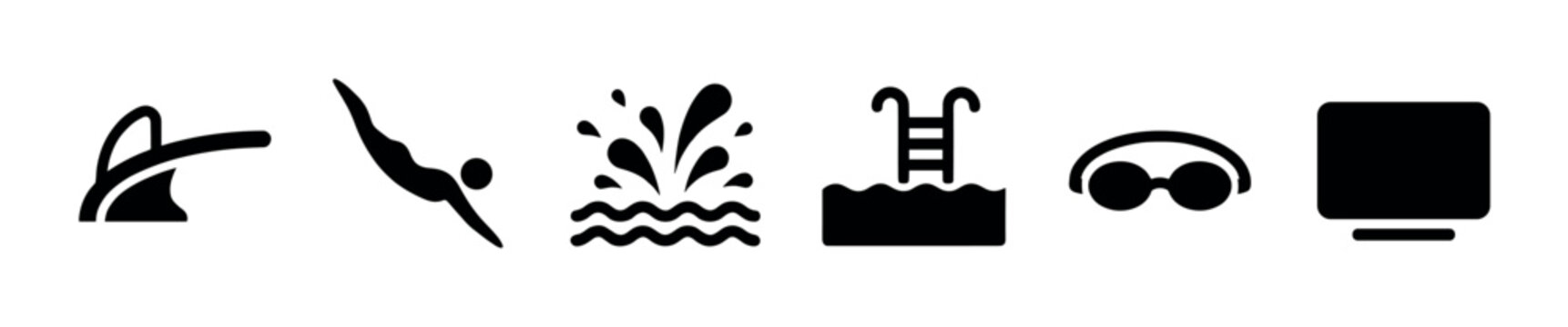 This graphic features a collection of black silhouette icons representing swimming pool activities, including a diving board, diver, water splash, pool ladder, goggles, and a briefcase.