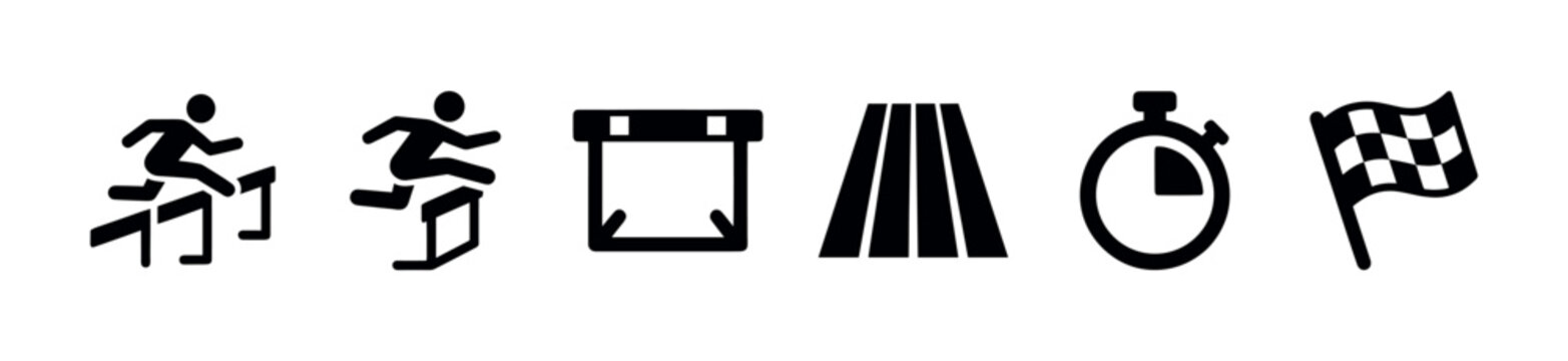 A collection of black silhouette icons representing sports activities including hurdles, a running track, a stopwatch, and a checkered flag on a white background.