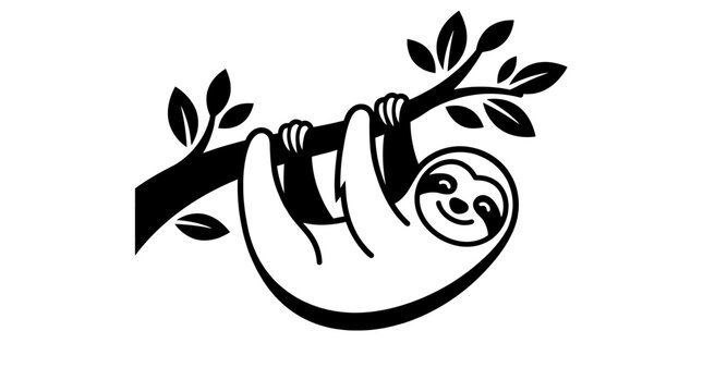 Cute Sloth Hanging Vector &ndash; Animal Silhouette, Cartoon Style Nature Icon Illustration